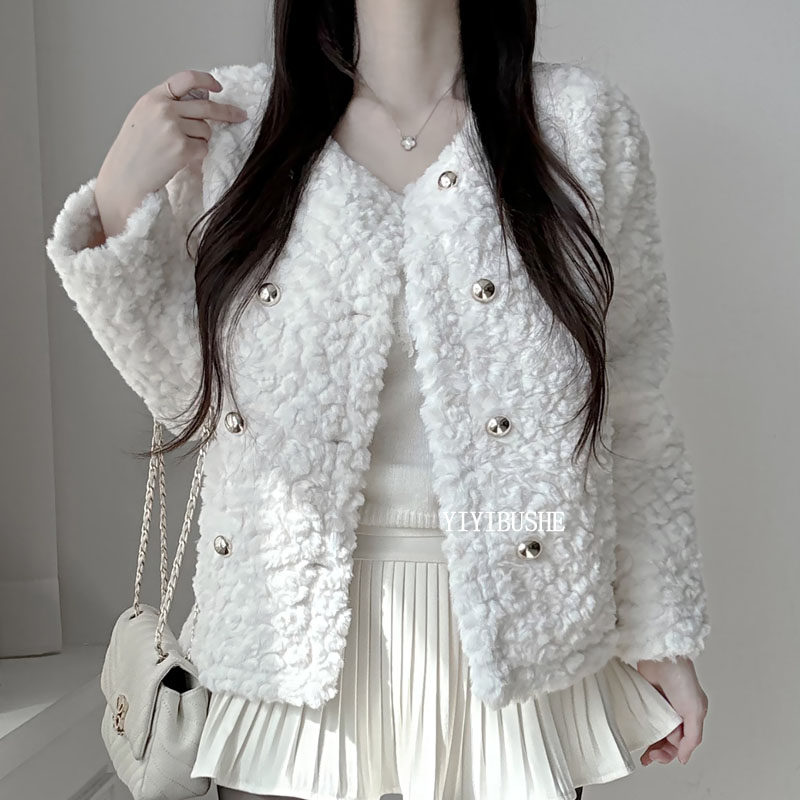 慵懒女人味双排扣仿羊羔毛外套