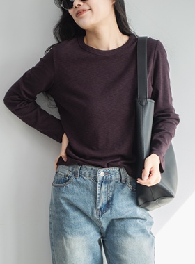 26秋冬新款紫色极简风长袖T恤女显白软糯百搭高弹正肩通勤内搭T恤