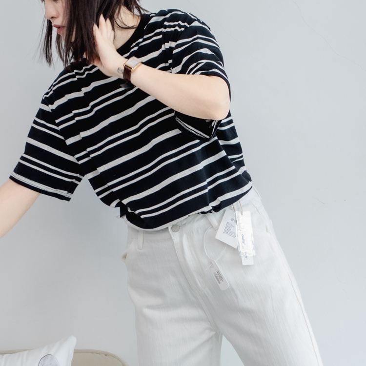 竹节黑白条纹短袖宽松显瘦T恤女