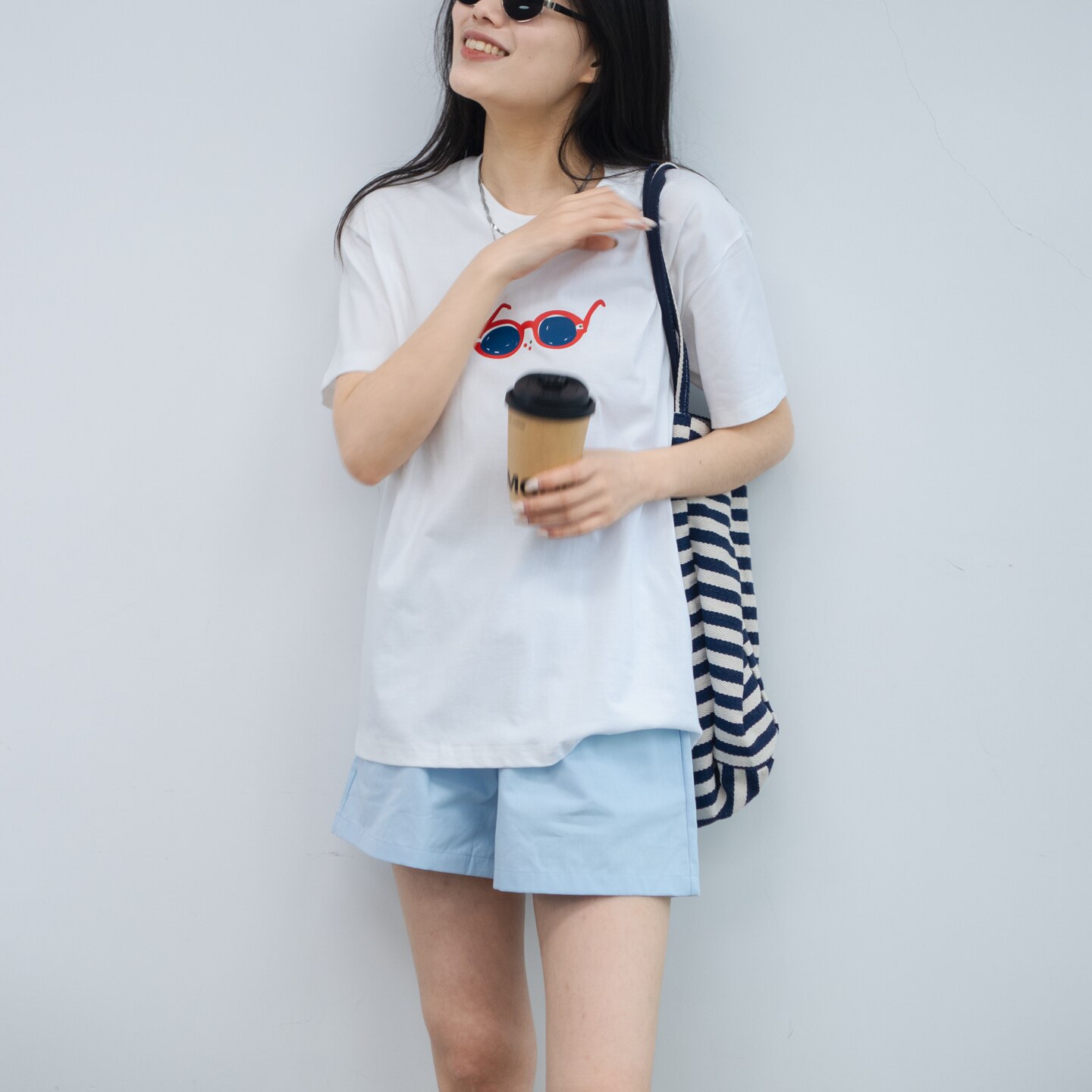 26夏季纯棉松弛慢人风简笔画眼镜印花短袖T恤女白色宽松百搭显瘦