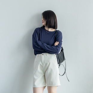 新款 2025春夏季 简约藏青色雪花棉纯色宽松圆领透气防晒慵懒女显瘦