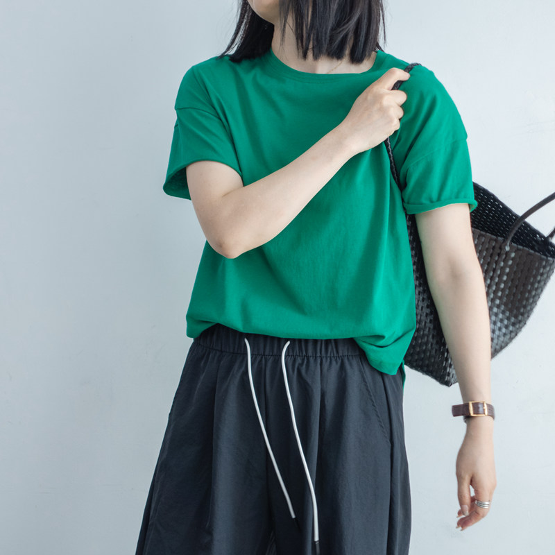 短袖简约薄款卷边百搭女宽松纯棉