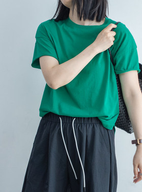 清仓春夏季新款简约绿色显白圆弧下摆轻薄防晒百搭卷边短袖T恤潮