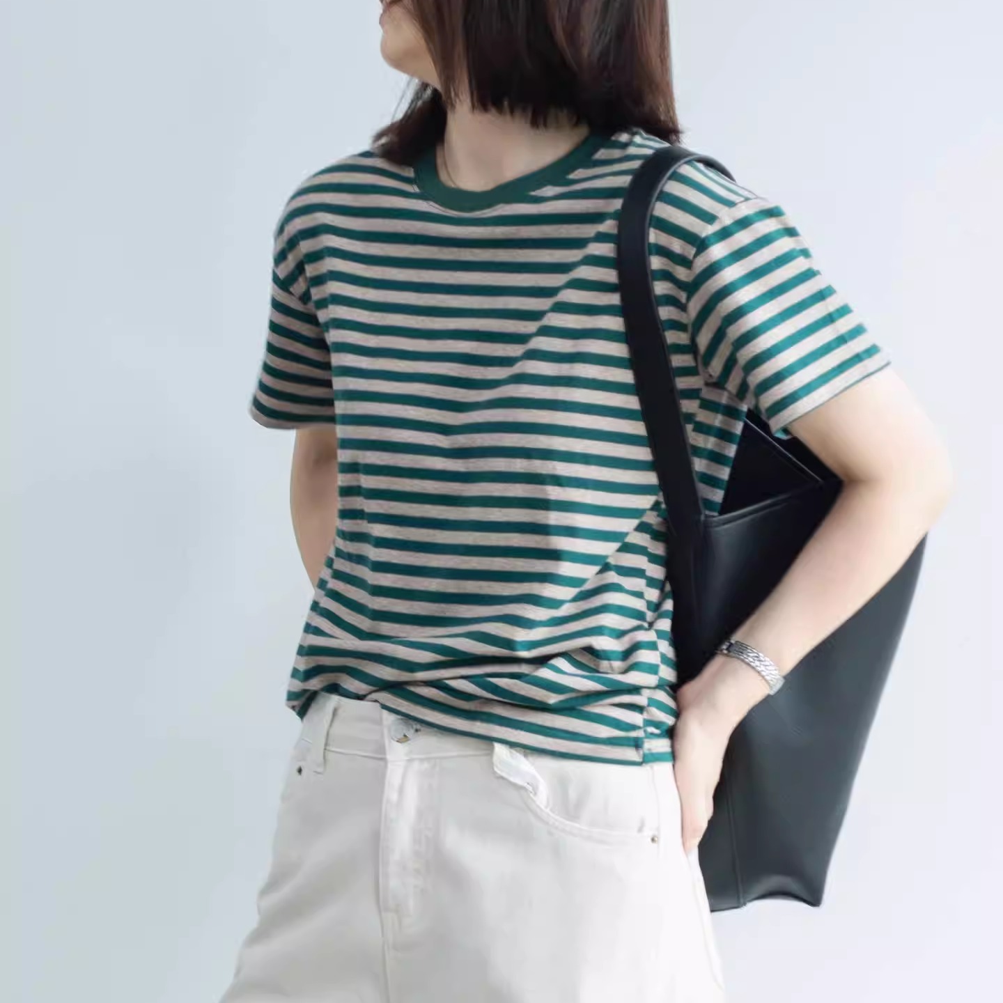 2025年春夏新款青草绿条纹清新色宽松百搭减龄短袖t恤显瘦上衣INS