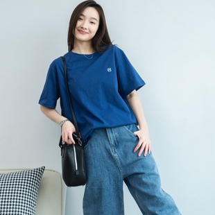 2025年春夏新款 t恤女宽松显瘦上衣 克莱因蓝韩版 简约百搭正肩短袖