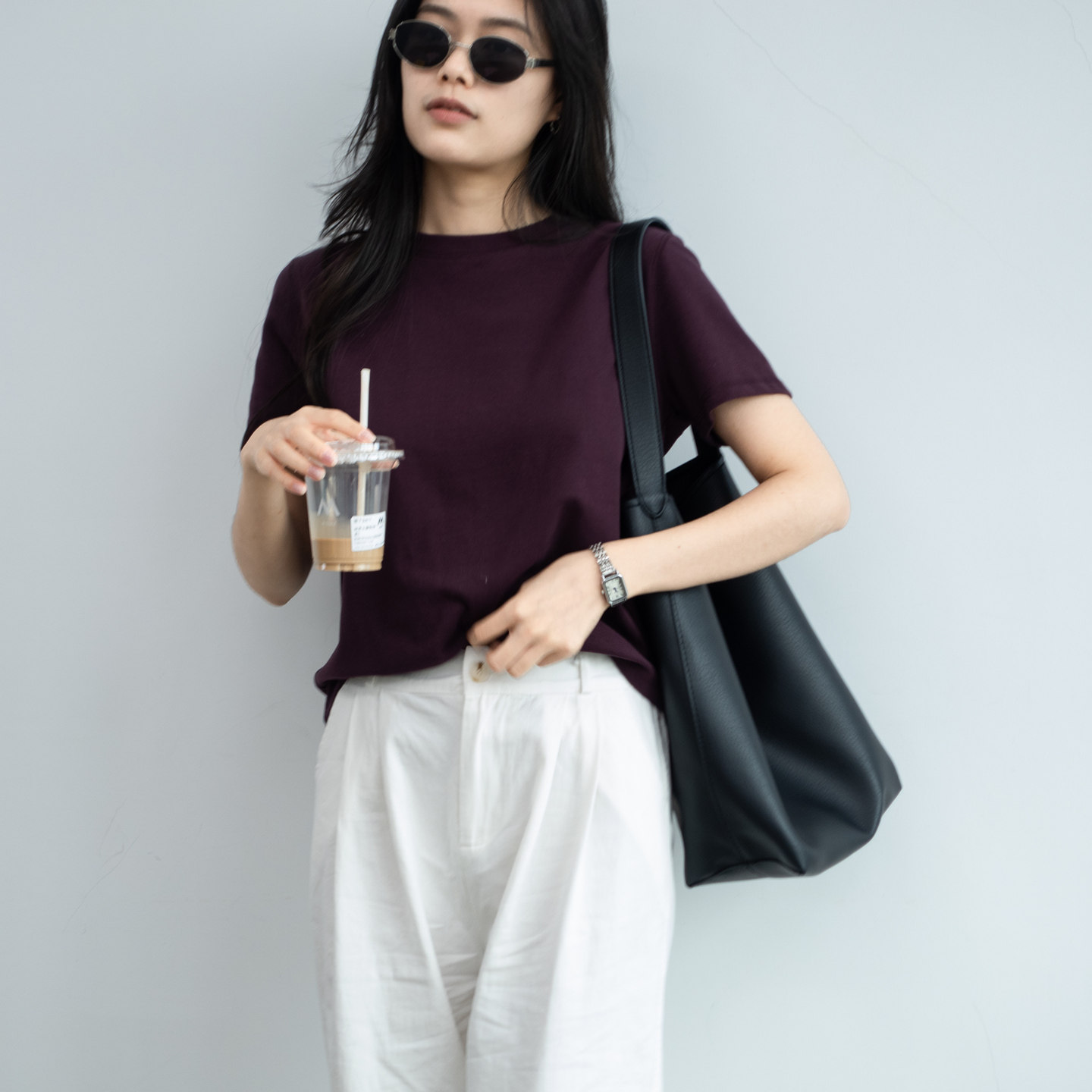 2025年春夏新款简约百搭宽松显瘦磨毛弹力绛紫色正肩短袖T恤上衣