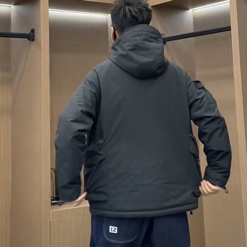 WINTER THICKENED MENS HOODED BIG POCKETS DOUBLE ZIPPER PULLOVER COTTON YOUTH JACKET LOOSE VERSATILE JACKET TRENDY