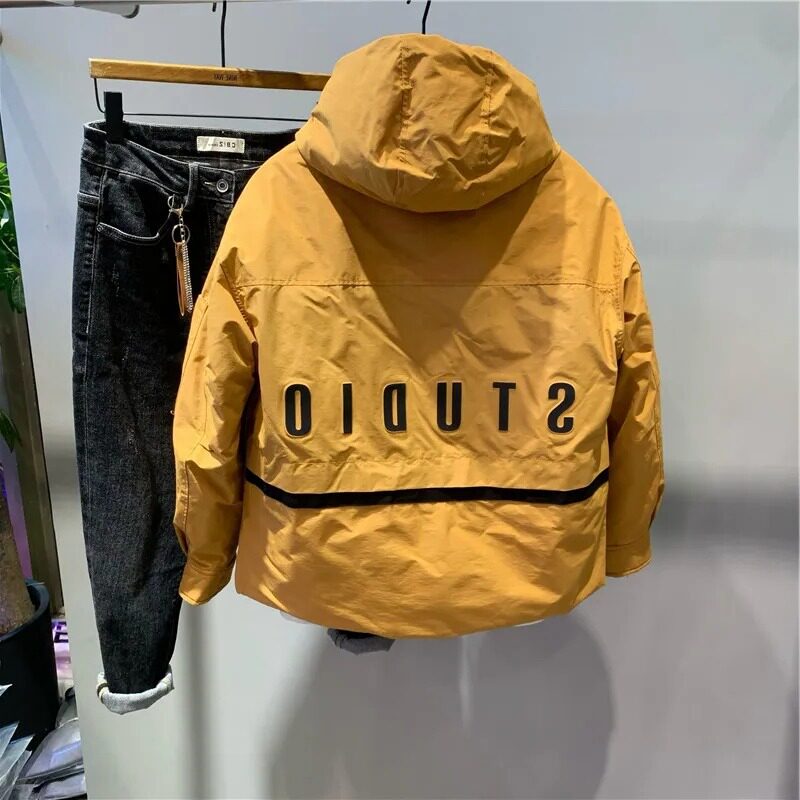 WINTER TRENDY BRAND PANELS CONTRASTING MENS HOODED BREAD CLOTHES PERSONALITY LABELING CARGO WEAR OUTDOOR COTTON COAT LOOSE COAT TRENDY