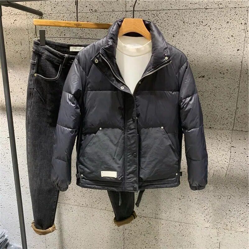 SIMPLE SOLID COLOR STAND COLLAR COTTON CLOTHES MENS WINTER COMFORT TIDE LIGHT SPLICED POCKETS SLIM FIT SHORT COTTON JACKET YOUTH