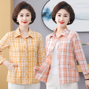 2025年新款夏季全棉七分袖格子衬衫寸衣宽松翻领中年女士纯棉妈妈
