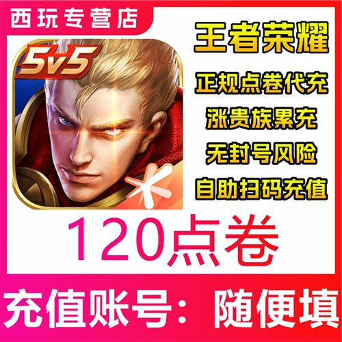 王者荣耀点券代充120/680/1180/1980/3480点券充值 涨贵族自助