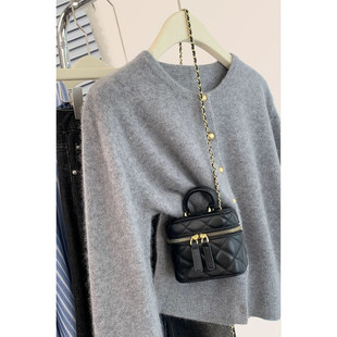 100%纯羊毛灰色正肩针织开衫外套女秋冬毛衣宽松长袖针织衫上衣