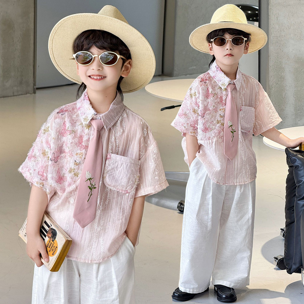 男童花衬衫2026新款夏季儿童短袖衬衣洋气套装花童礼服走秀演出服