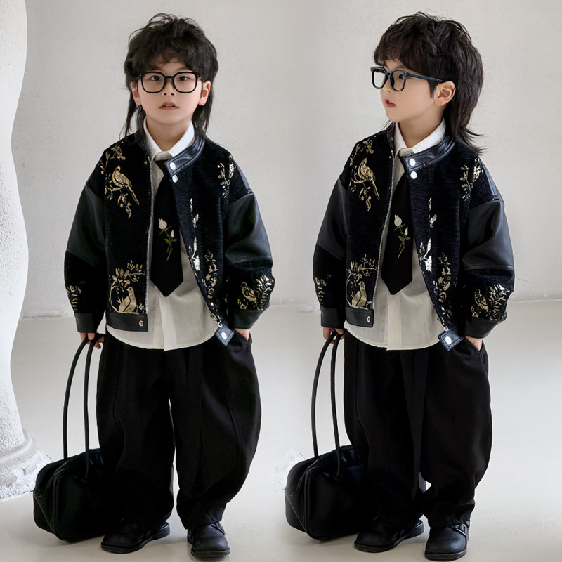 2025春季男童皮衣外套新中式国风儿童皮夹克上衣炸街痞气洋气套装