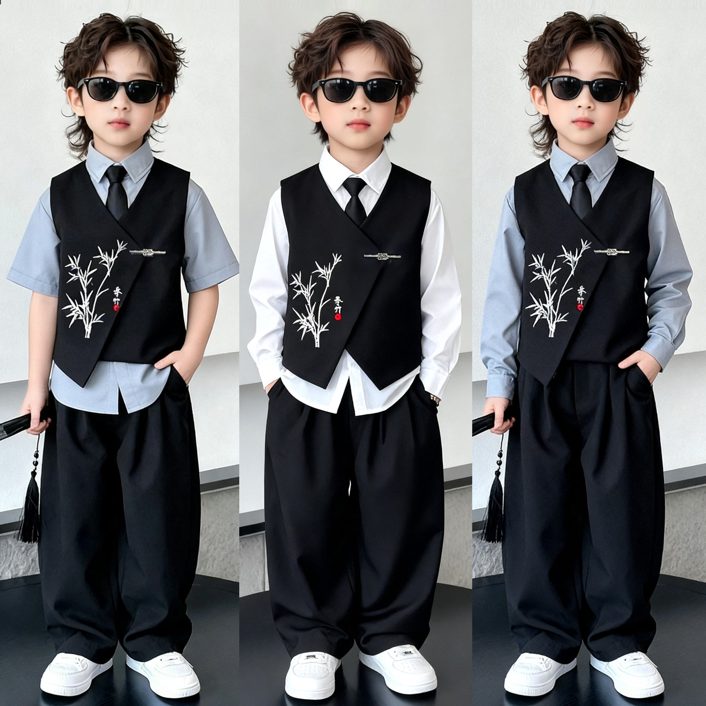 儿童礼服男童西装套装春夏帅气小主持人钢琴演出服新中式花童西服