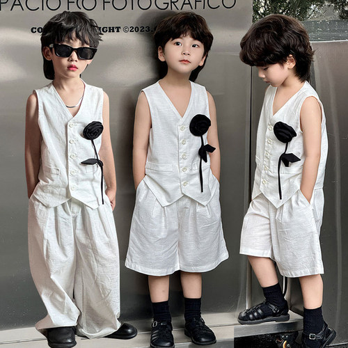 儿童礼服夏季痞帅男童西装马甲套装潮花童白色西服洋气走秀演出服