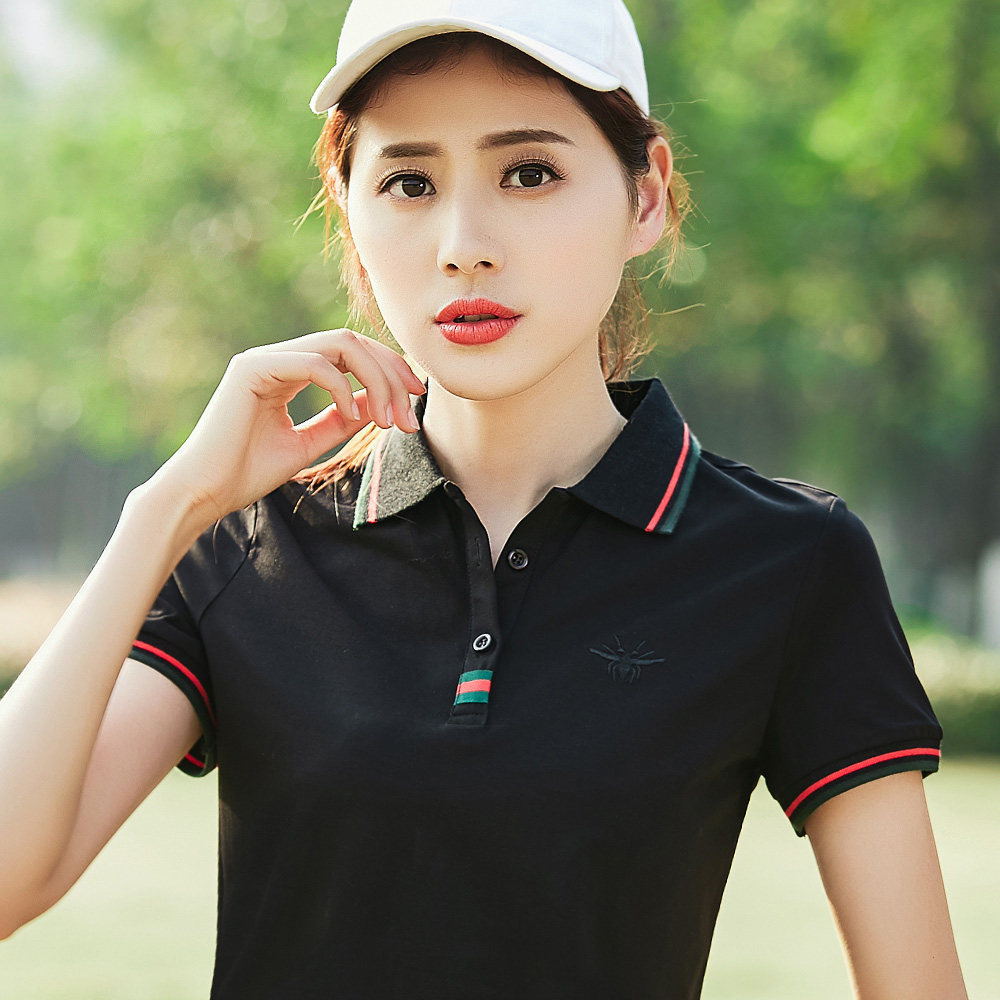 2020新款纯棉短袖t恤女纯色宽松大码翻领体恤女士上衣运动polo衫