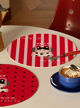 猫咪红色皮革防水防油圆形小餐垫耐高温防烫氛围感咖啡杯垫防滑垫