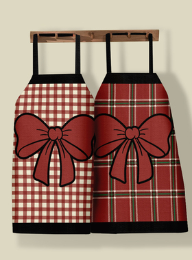 蝴蝶结圣诞节日氛围红色混纺围裙防水家用做饭挂脖罩衣围腰工作服