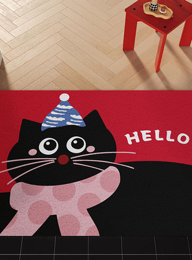 卡通猫新年红色入户门加密丝圈地垫耐脏可擦洗防滑防摔蹭土脚垫