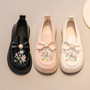 女童汉服鞋古装儿童绣花鞋民族古风小公主女孩黑色演出软底小皮鞋