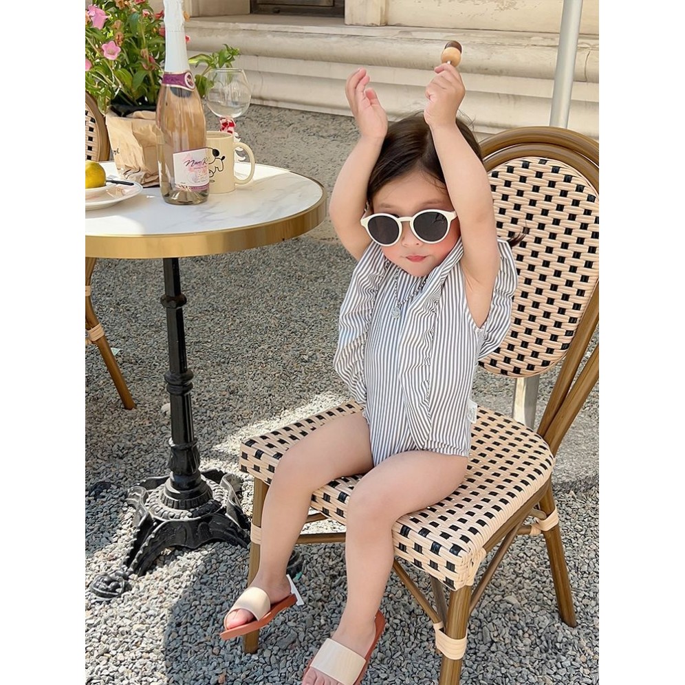 泳衣女孩新款韩版条纹连体泳装宝宝ins度假风无袖花边女童游泳衣
