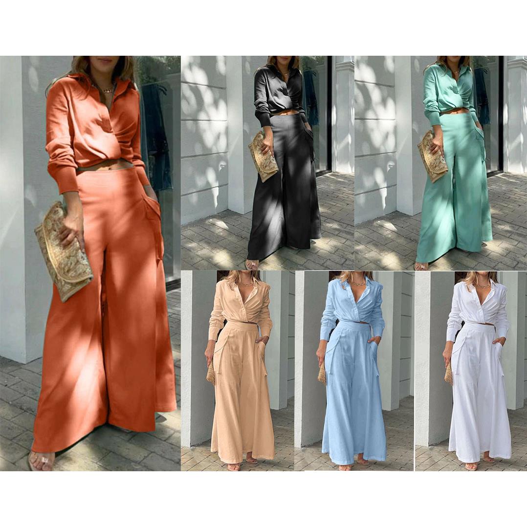 Womens casual solid color short long-sleeved shirt suit