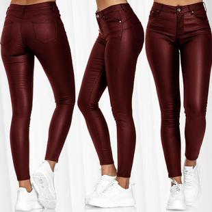 pants leather casual womens slim solid Spring color