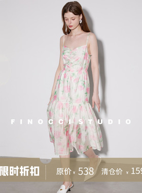 FINOCCI夏季高端铜氨原创印花定制温柔气质吊带连衣裙女高腰显瘦