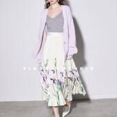 FINOCCI 鸢尾簇拥原创定位印花加厚缎面百褶设计师大裙摆高端半裙