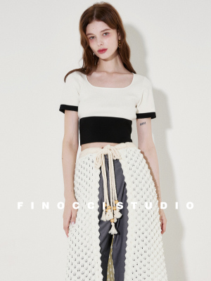 天丝棉简约撞色截短针织短袖