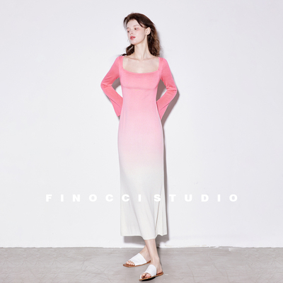 渐变长袖绵羊毛收腰毛织连衣裙