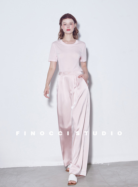 FINOCCI夏日清凉丝光缎面垂坠爽滑显瘦褶裥通勤百搭松弛感阔腿裤