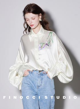 FINOCCI原创鸢尾印花光泽醋酸超耗料灯笼袖法式莹润松弛感衬衫