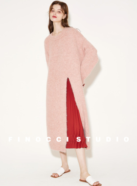 FINOCCI春季羊毛羊驼毛混纺温柔粉高开叉休闲简约毛织连衣裙