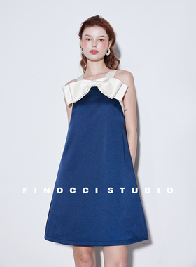 FINOCCI高密缎面撞色拼接莹润光泽感蝴蝶结MIU风千金感甜美连衣裙
