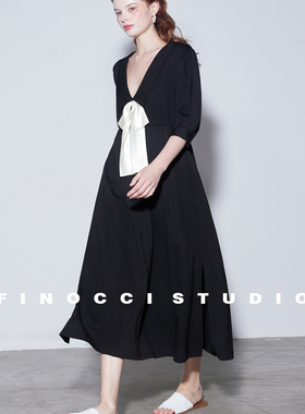 FINOCCI法式优雅少女醋酸蝴蝶结黑色针织不掉色泡泡袖赫本连衣裙