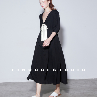 法式醋酸蝴蝶结针织赫本连衣裙女