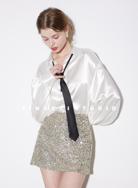 FINOCCI春季新款醋酸缎面女生亦可帅气领带衬衫小众上衣率性