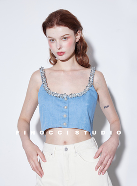 FINOCCI天丝棉瞬间凉感重工莼手工亮片miu系千金双面穿法牛仔背心