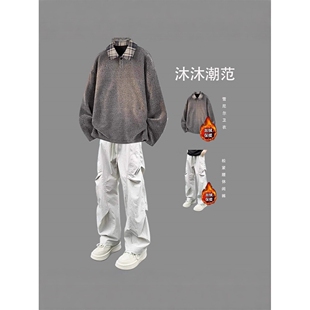高级感小香风加绒卫衣男款秋冬潮牌假两件POLO衫上衣酷帅穿搭套装