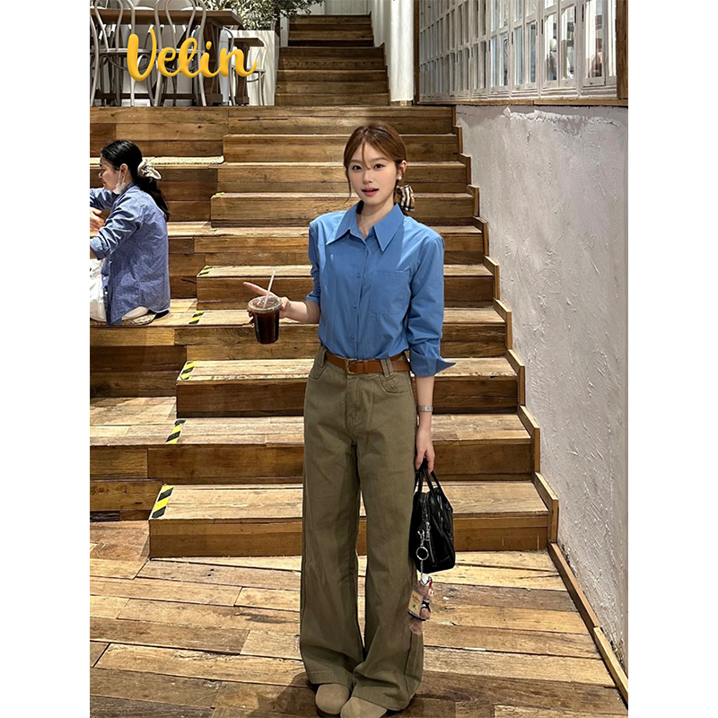 Velin 韩国博主同款蓝色翻领衬衫卡其色阔腿裤气质高级感休闲显瘦