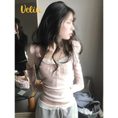Velin 气清纯内搭 元 甜美风温柔法式 蕾丝拼接针织上衣蝴蝶结修身