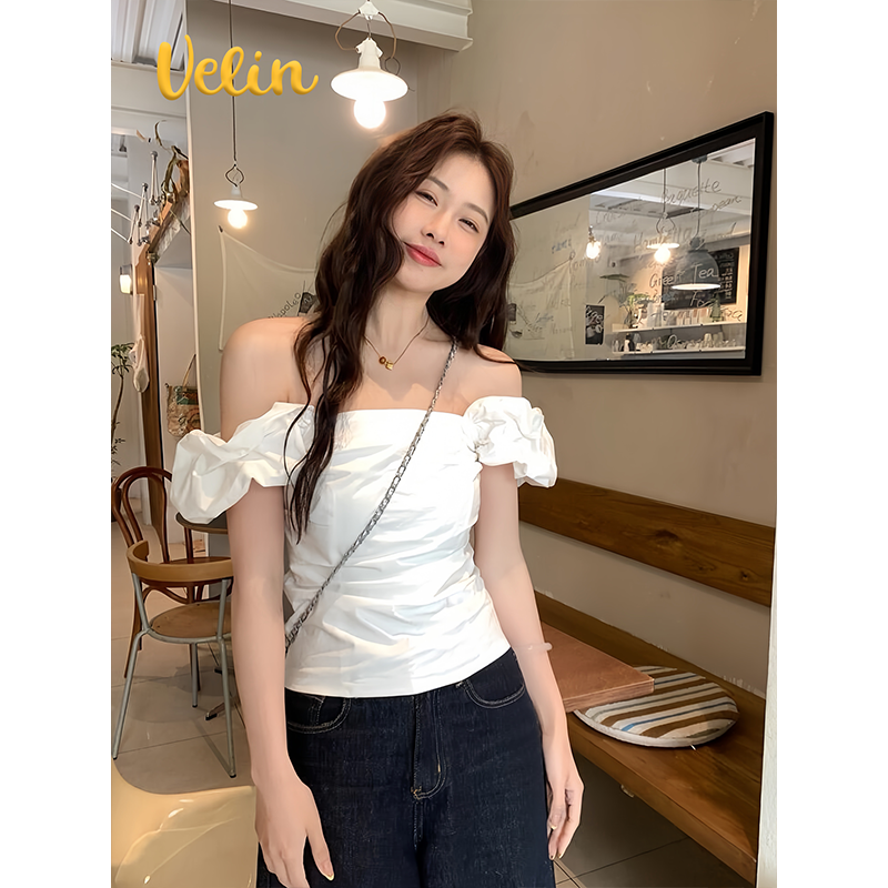 Velin韩国博主同款纯欲风甜美一字肩短款泡泡袖上衣女夏