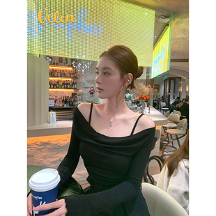 Velin 韩系纯欲风气质一字肩荡领收腰上衣修身高级感辣妹内搭显瘦