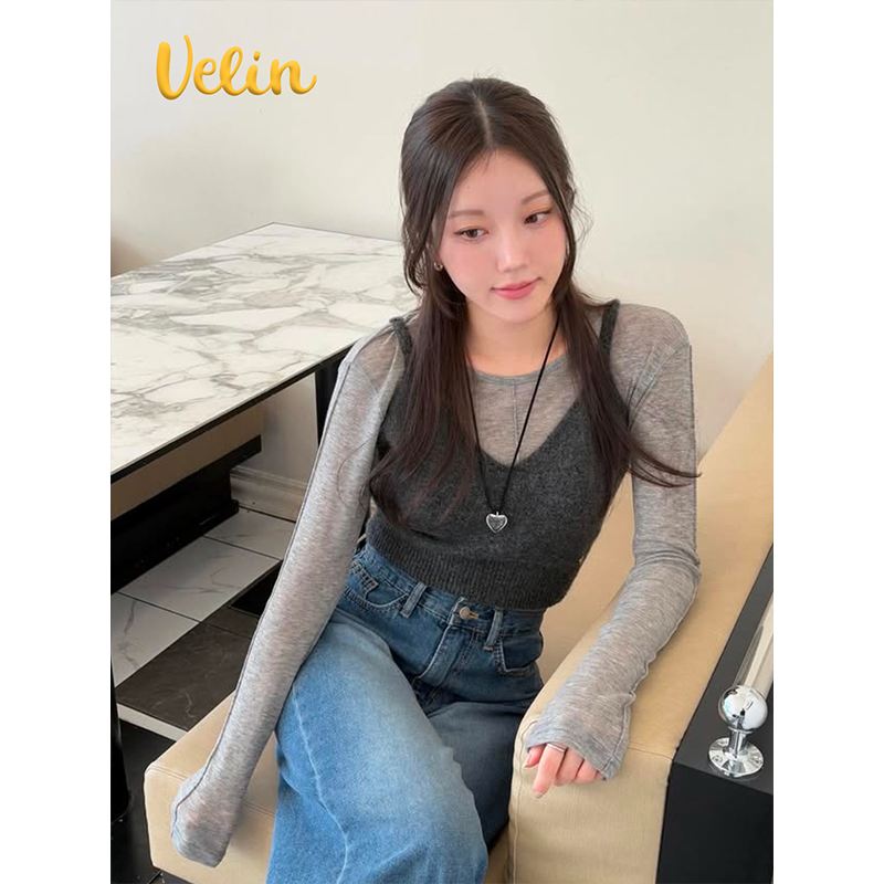 Velin韩国博主同款纯欲风甜美气质修身长袖针织上衣女