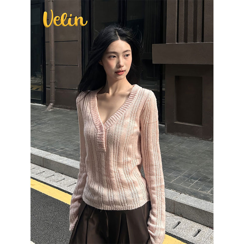Velin 韩国博主同款 v领针织衫勾花修身软糯甜美设计感百搭内搭
