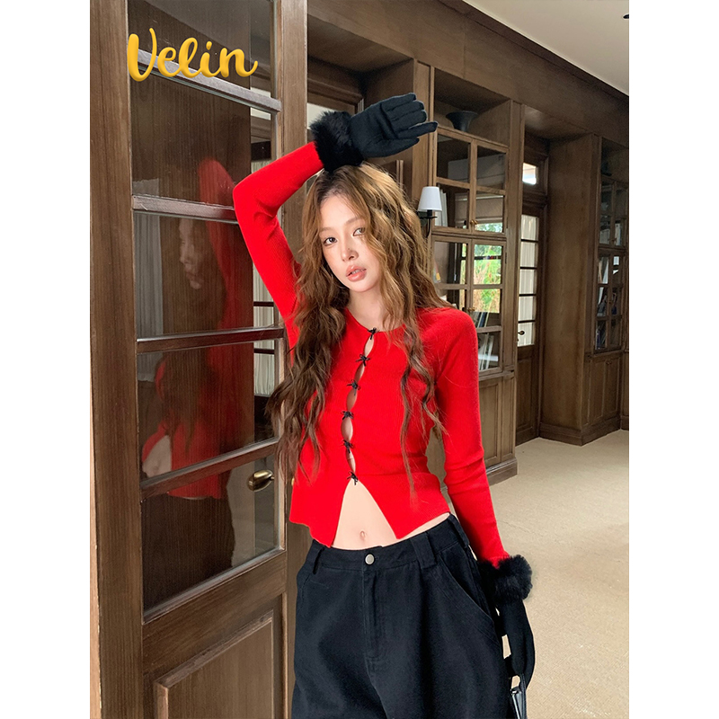 Velin 韩国博主同款百搭设计感镂空红色针织上衣收腰辣妹纯欲风