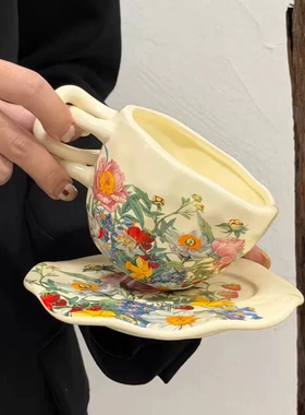 欧式复古花卉印花咖啡杯碟套装陶瓷釉下茶杯高级感礼盒装创意礼物