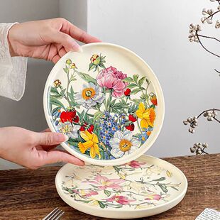 复古花卉釉下彩陶瓷餐具沙拉盘深盘英寸盘子菜盘高级感高颜值家用